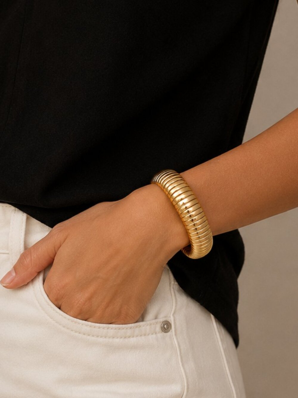 J.Crew Chunky Gold Ribbed Cuff Bracelet Satin Finish 1" Statement Bangle NEW